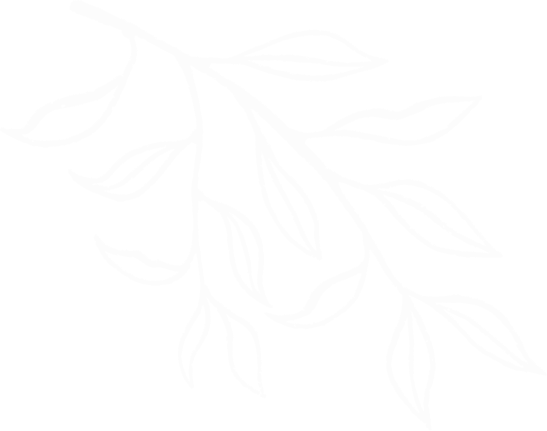 A white line drawing of a leafy branch against a black background.