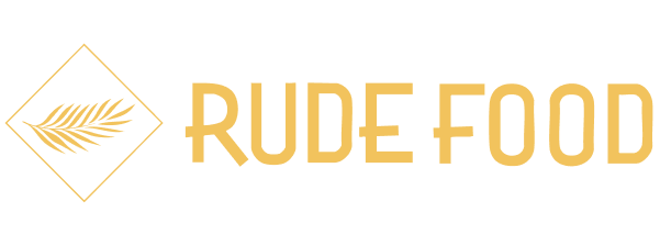 Logo with a palm leaf inside a diamond shape and the text 'RUDE FOOD' in bold letters.