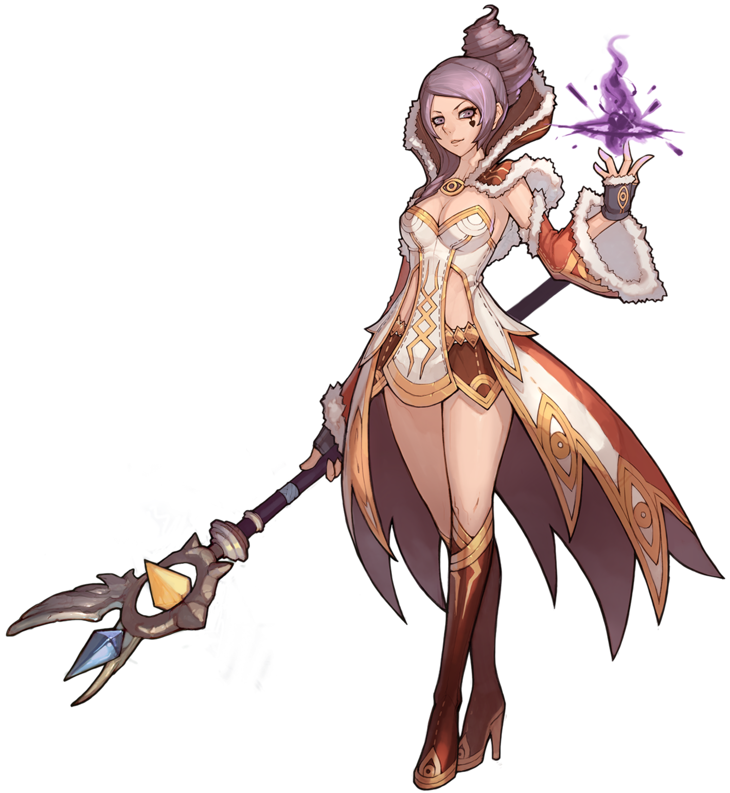 A fantasy female character with purple hair, holding a staff with a glowing blue gem, wearing an ornate white and gold dress with brown accents and high heels.