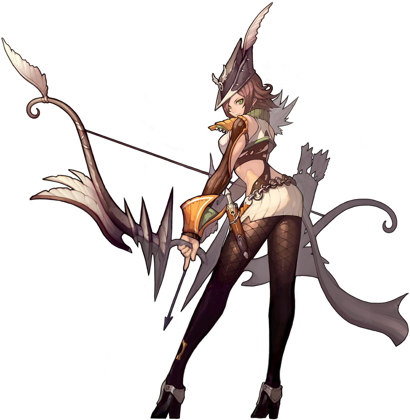 Fantasy-style female archer with feathered hat, short skirt, and thigh-high stockings, aiming a bow with an arrow against a black background.