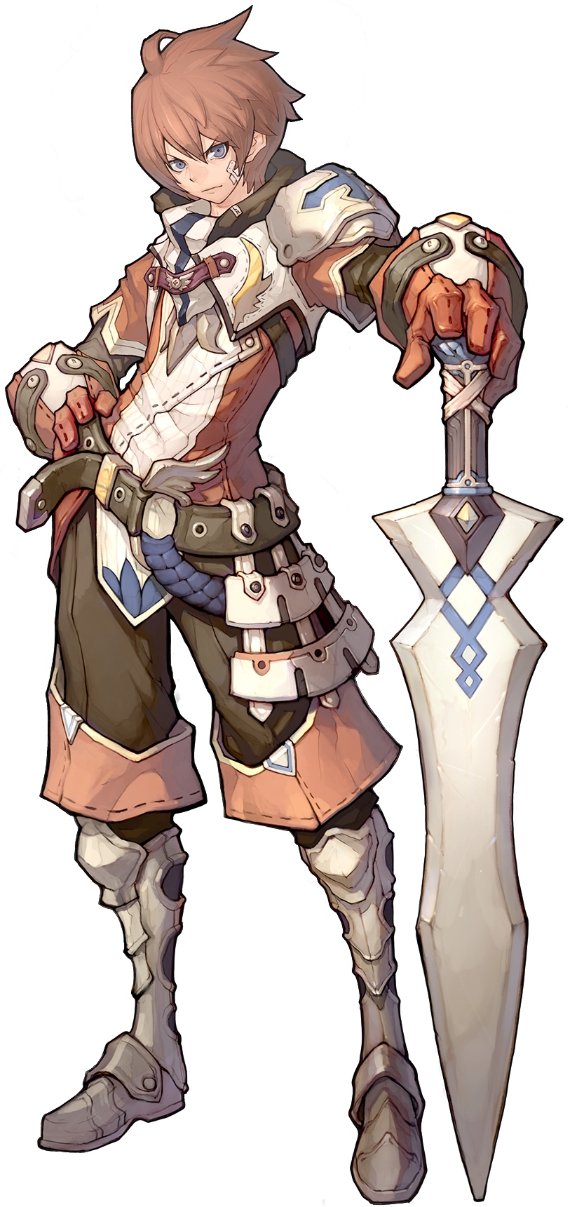 A young warrior with light brown hair, blue eyes, and armor, holding a large white sword.