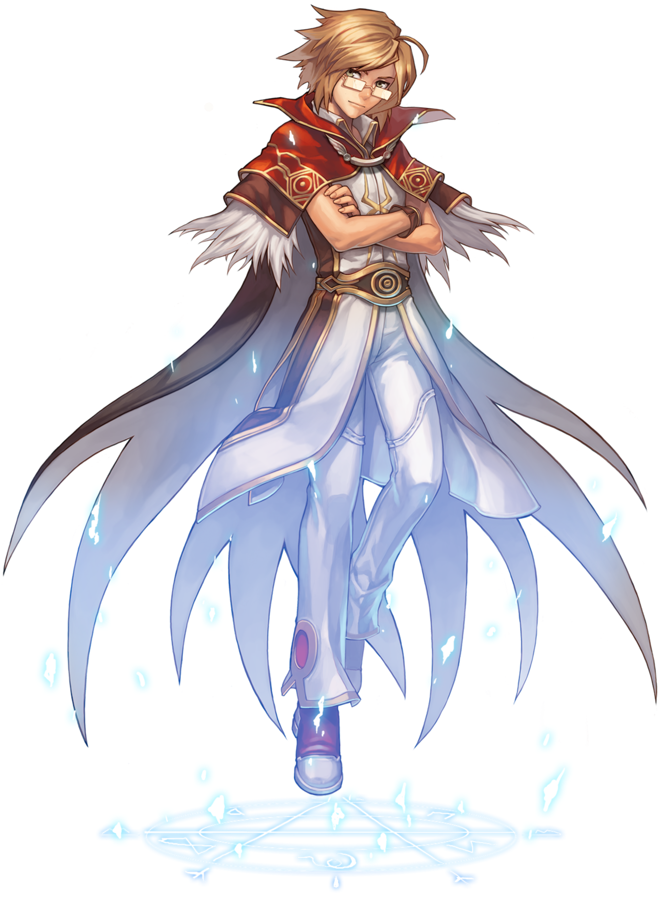Digital illustration of a male anime-style character with glasses, blonde hair, wearing a white and gold outfit, a red cape, and standing on a glowing circle with magical symbols, surrounded by floating blue orbs.