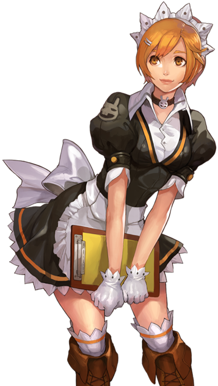 Anime-style character dressed as a maid with orange hair, wearing a black and white maid outfit, holding a clipboard, and adorned with animal-themed accessories like paw gloves and a headpiece.