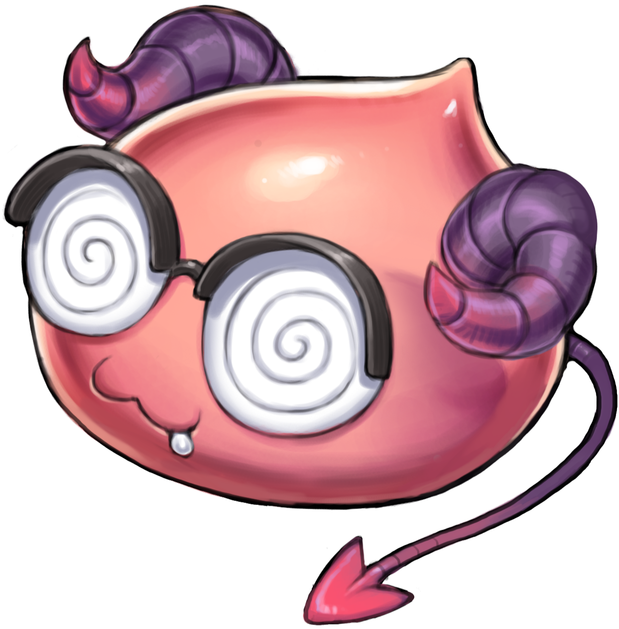 Cartoon character with pink round body, purple horns, and tail, wearing sunglasses with spiral lenses.