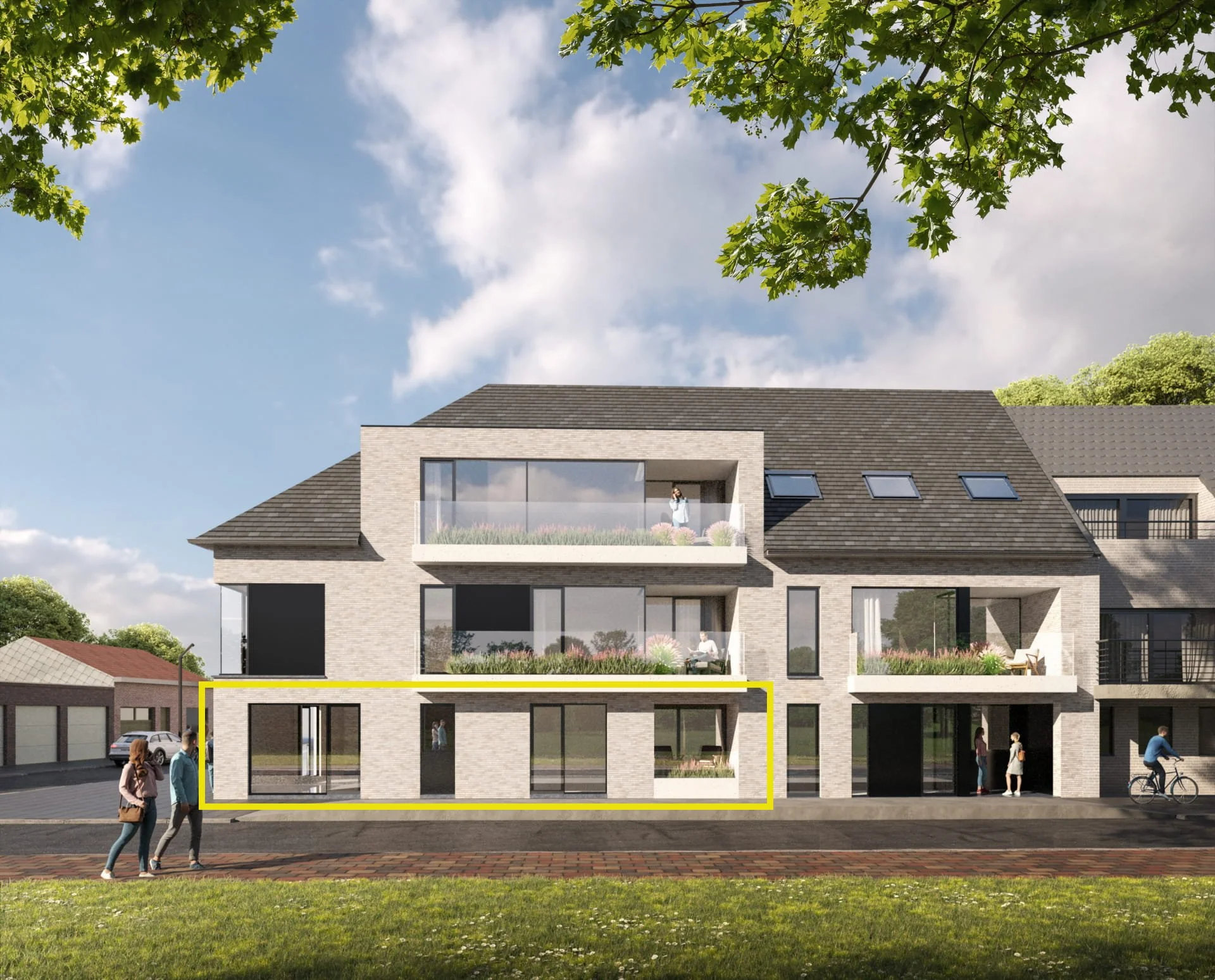 3D render voorgevel met aanduiding appartement GV01