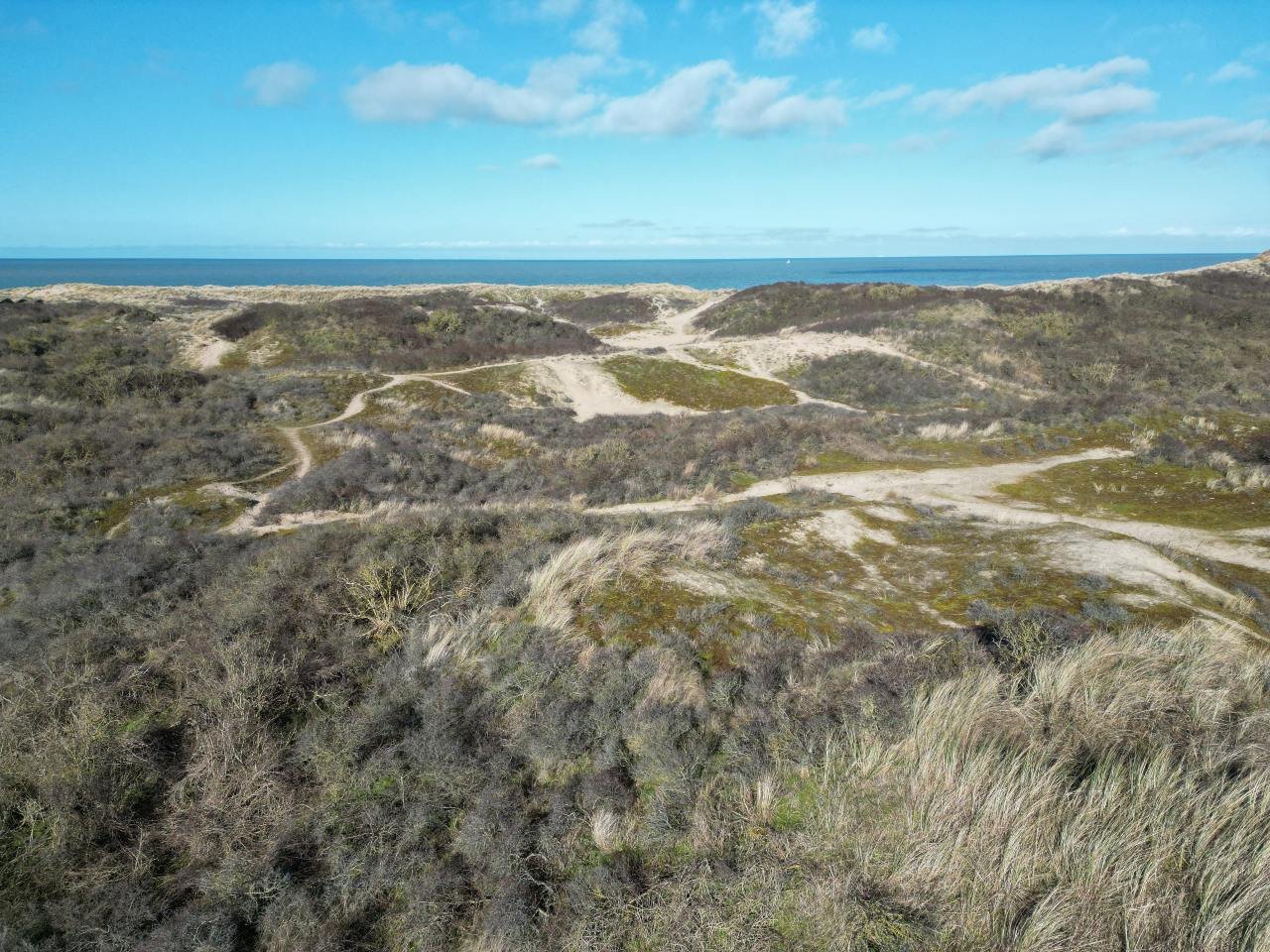 Dronefoto van duinen en de zee