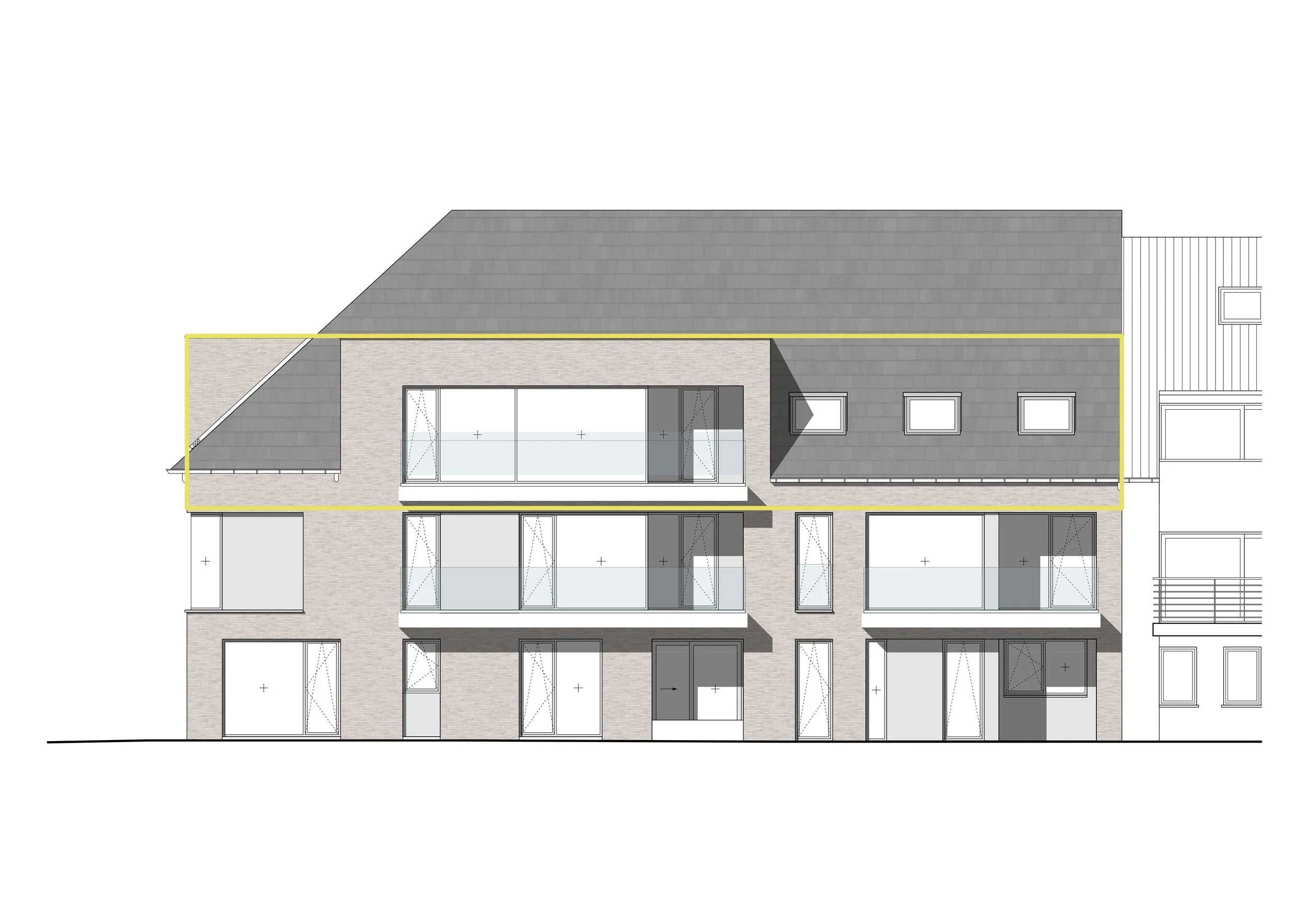 Tekening architect voorgevel met aanduiding appartement 0202
