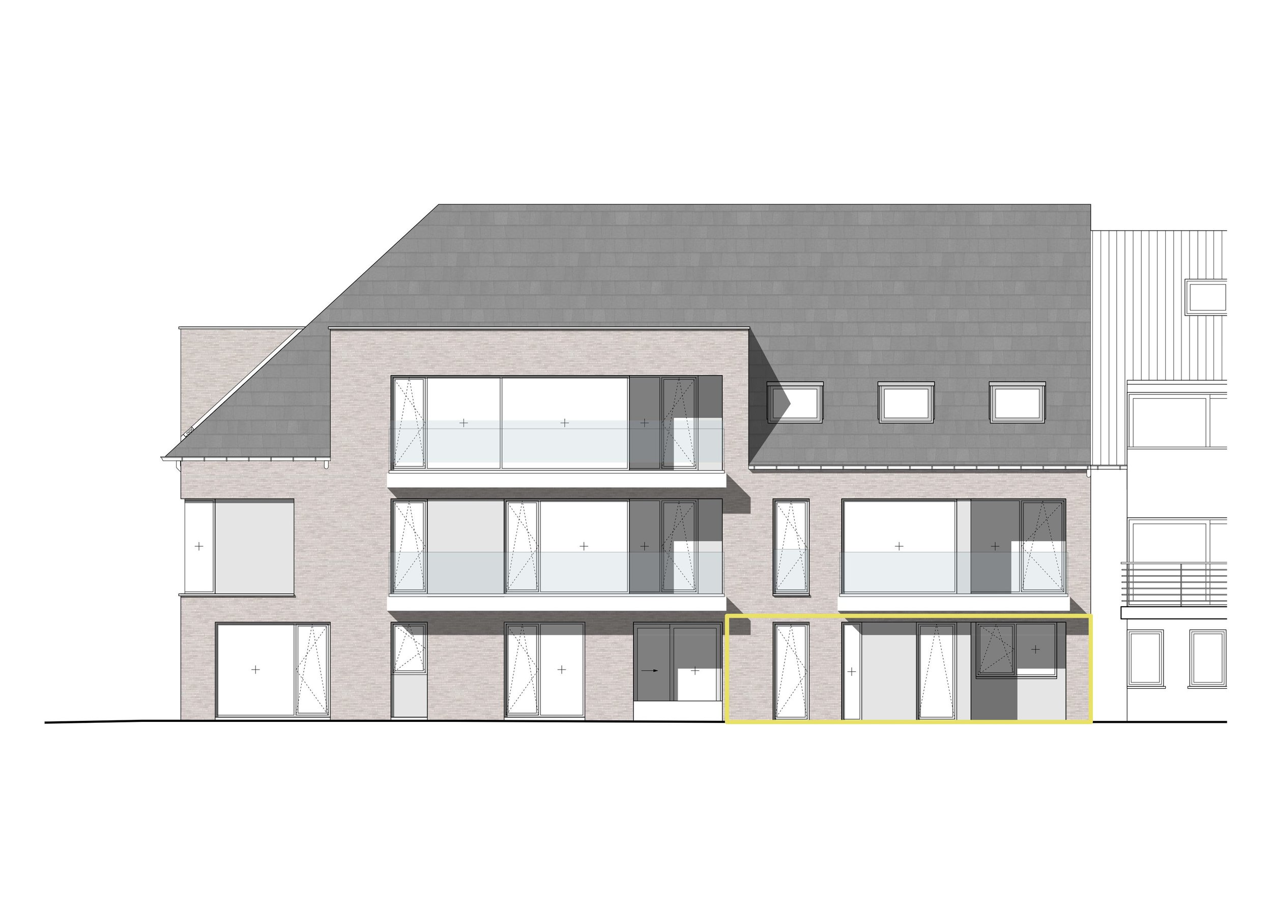 Tekening architect voorgevel met aanduiding appartement 14