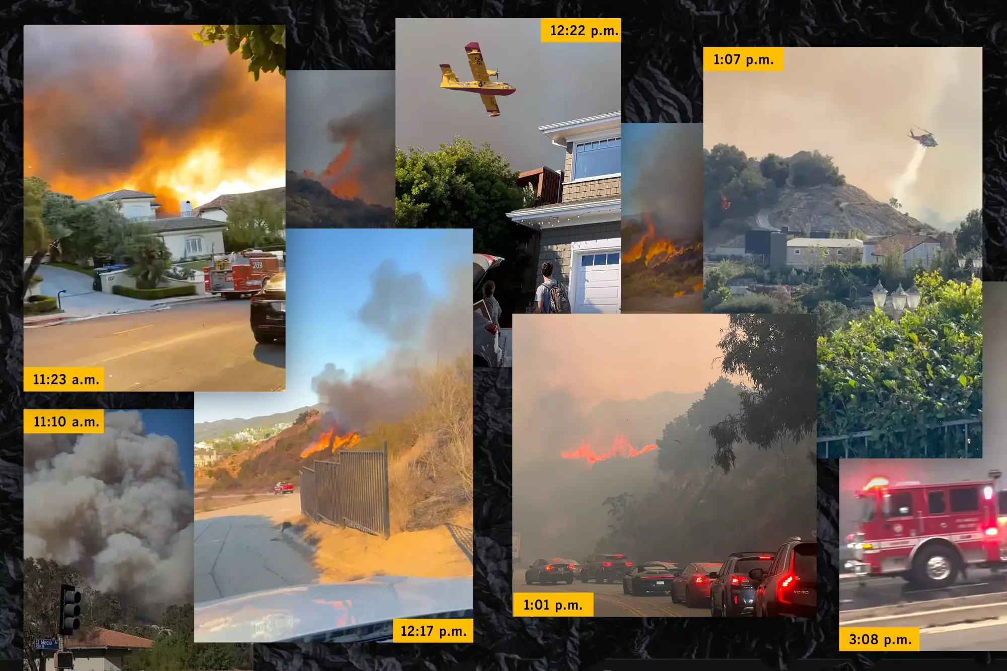 A collage of photos showing a wildfire affecting a residential area in California, with images of flames, smoke, firefighting efforts, and evacuation traffic. Timestamps indicate the progression from morning to evening, including moments with fire trucks, smoke clouds, and emergency aircraft.