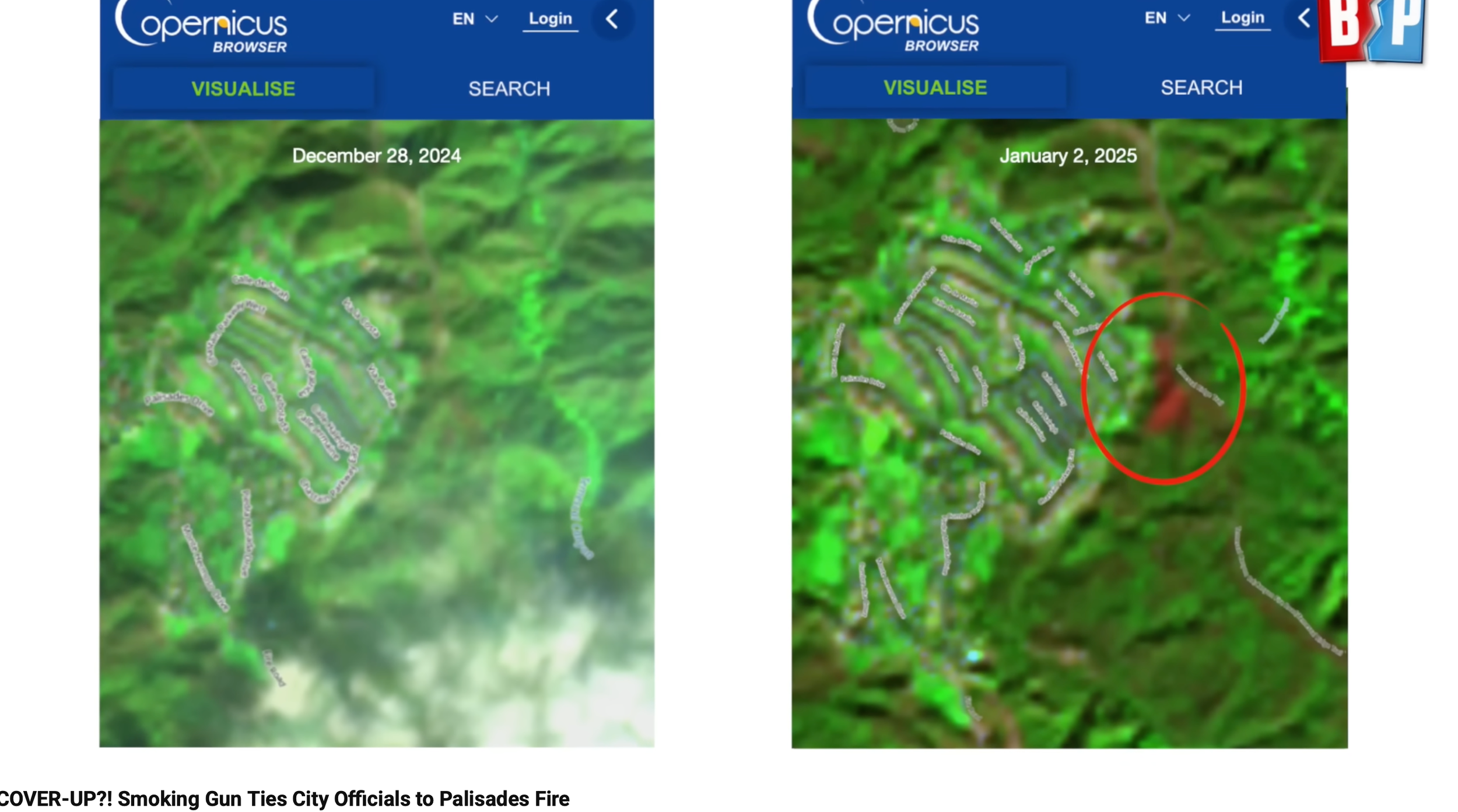 Comparison of satellite images showing forest fire impacts. The left image, dated December 28, 2024, shows less of the area affected by fire. The right image, dated January 2, 2025, shows increased fire damage with a red circle indicating a specific spot of concern. The caption suggests that smoking gun evidence links city officials to the Palisades fire.