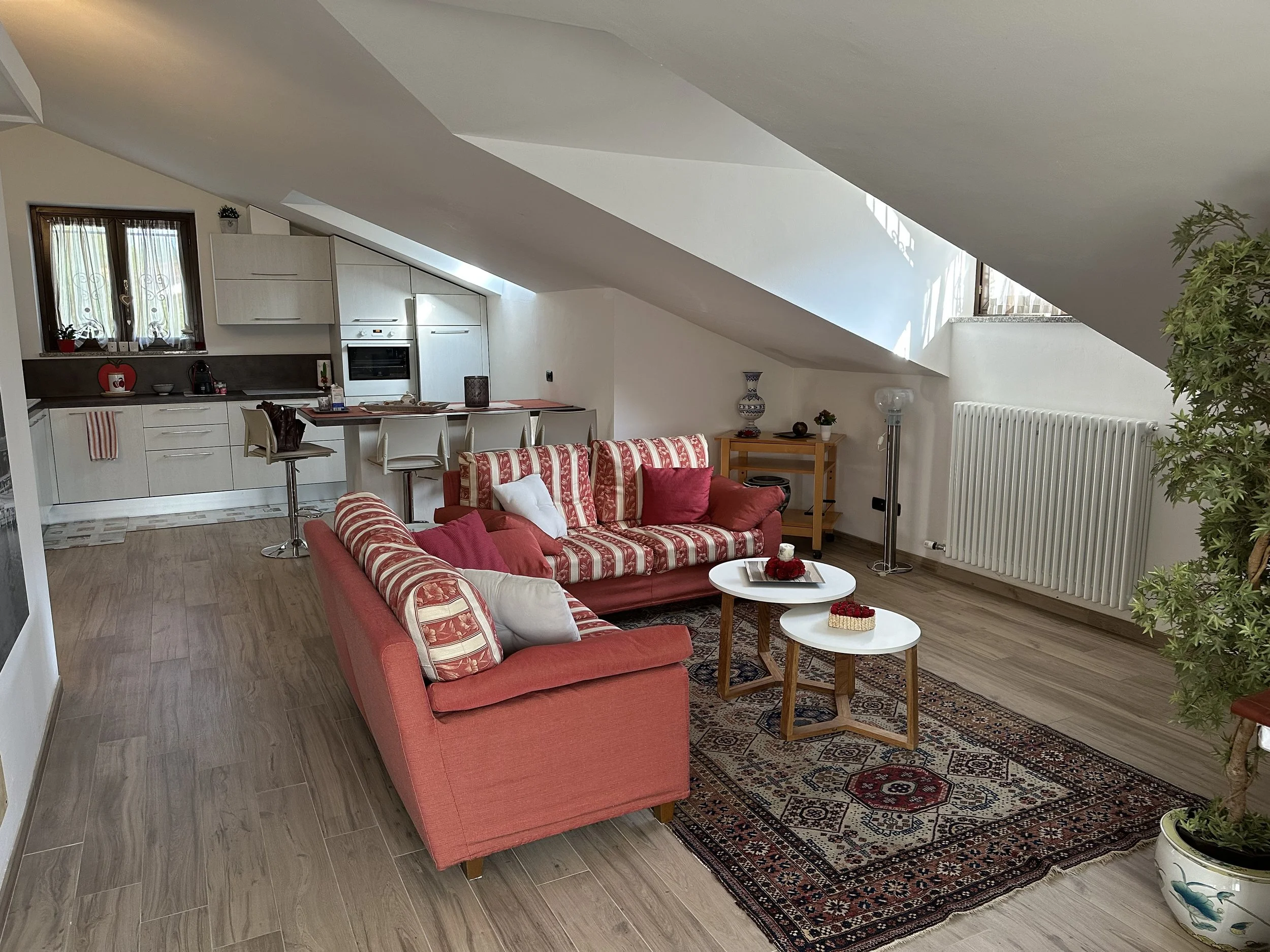 Soggiorno con divani rossi e tavolini, cucina con panche e sedie, area riscaldamento a radiatore e piante decorative.