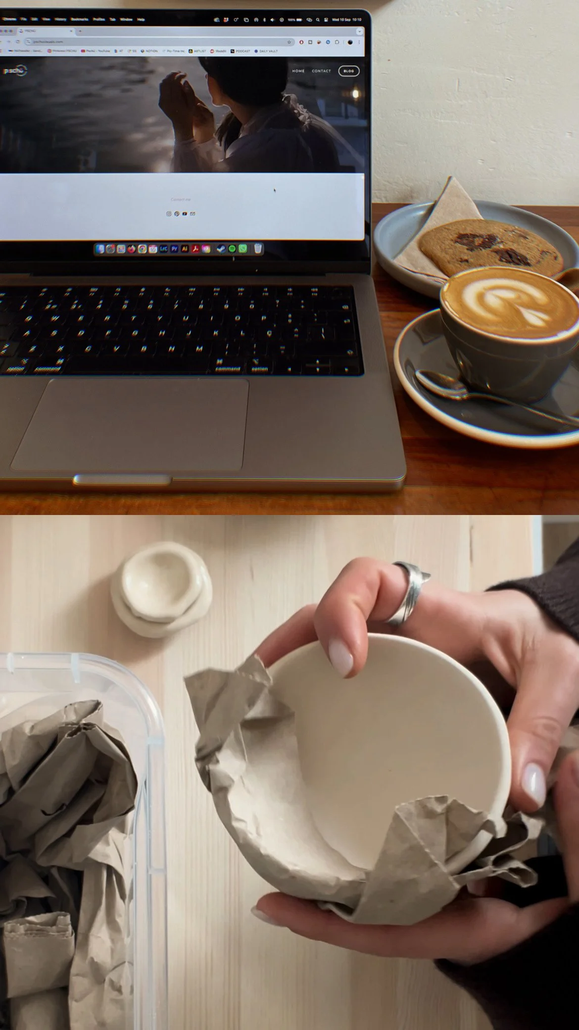 A workspace with an open laptop displaying a person by a body of water, a cup of latte, a plate with a cookie and a napkin, and a second image showing a person holding a crumpled paper bowl, with a bisqueware ceramic mug.