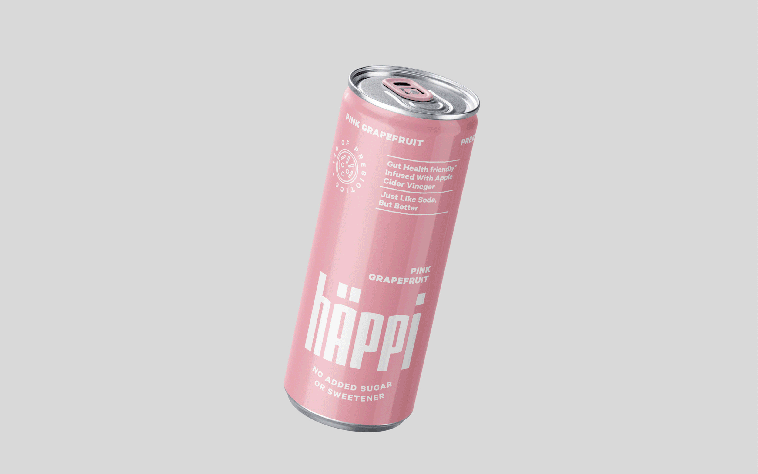 A pink can of hàpì sparkling beverage with a pull-tab, labeled as pink grapefruit flavor, featuring claims of gut health, infusion with apple cider vinegar, no added sugar or sweetener, and designed to taste like soda but better.