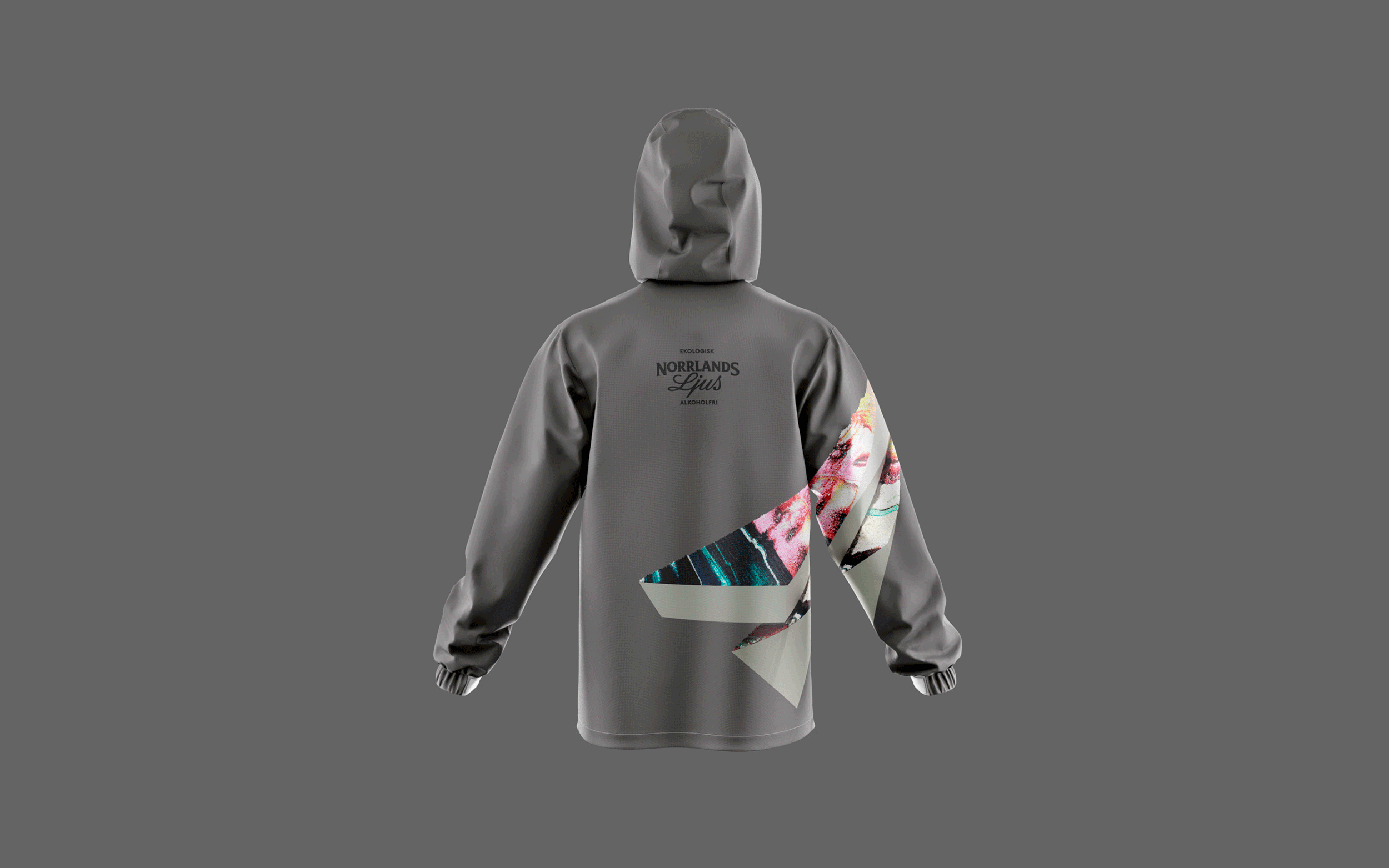Gray jacket with a colorful, abstract vinyl record print on the back and sleeve, and text "Norrlands Ljus" on the upper back.
