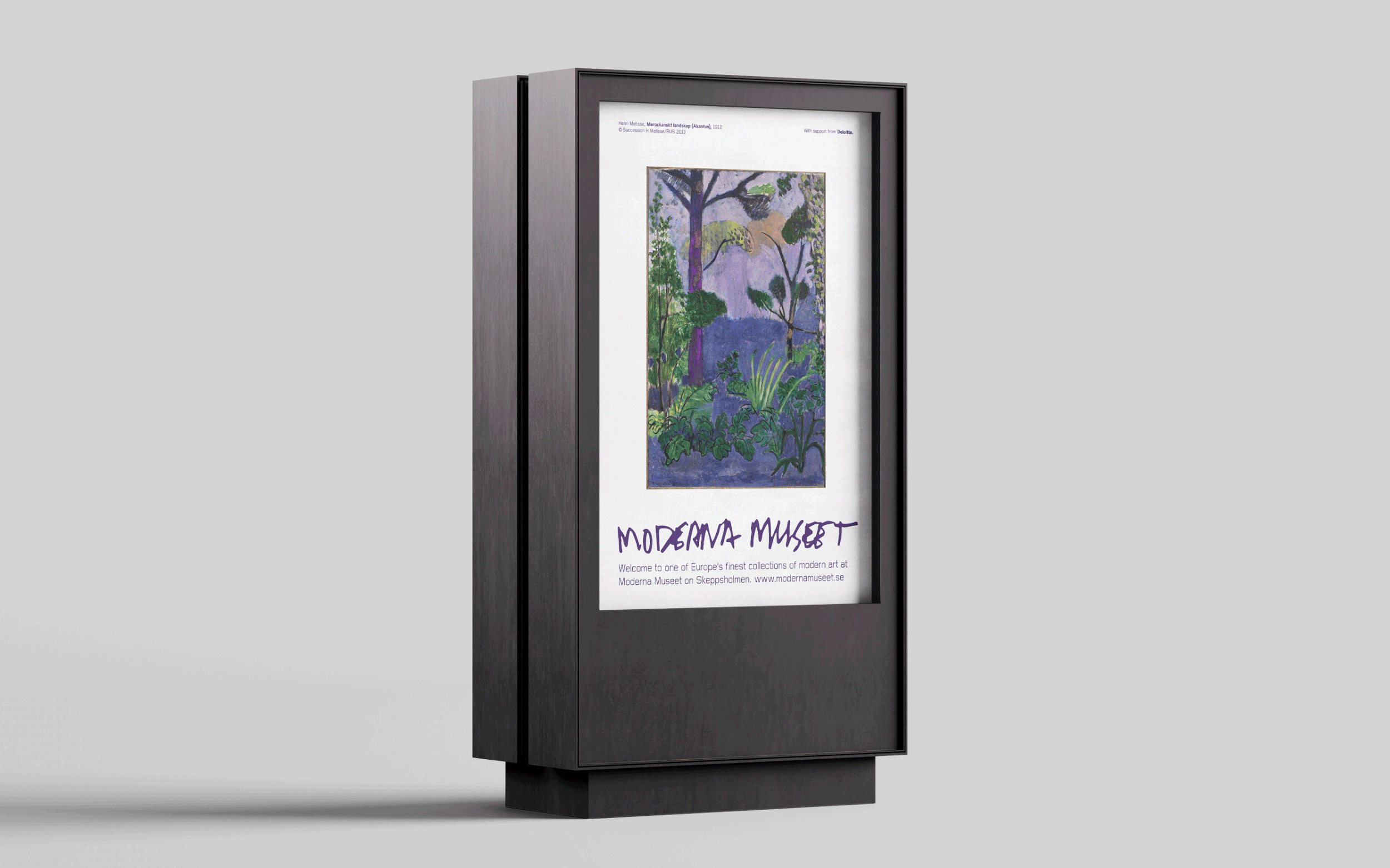 Digital advertisement display promoting the Modern Museum with artistic artwork, text, and a website link on a sleek, black freestanding kiosk.