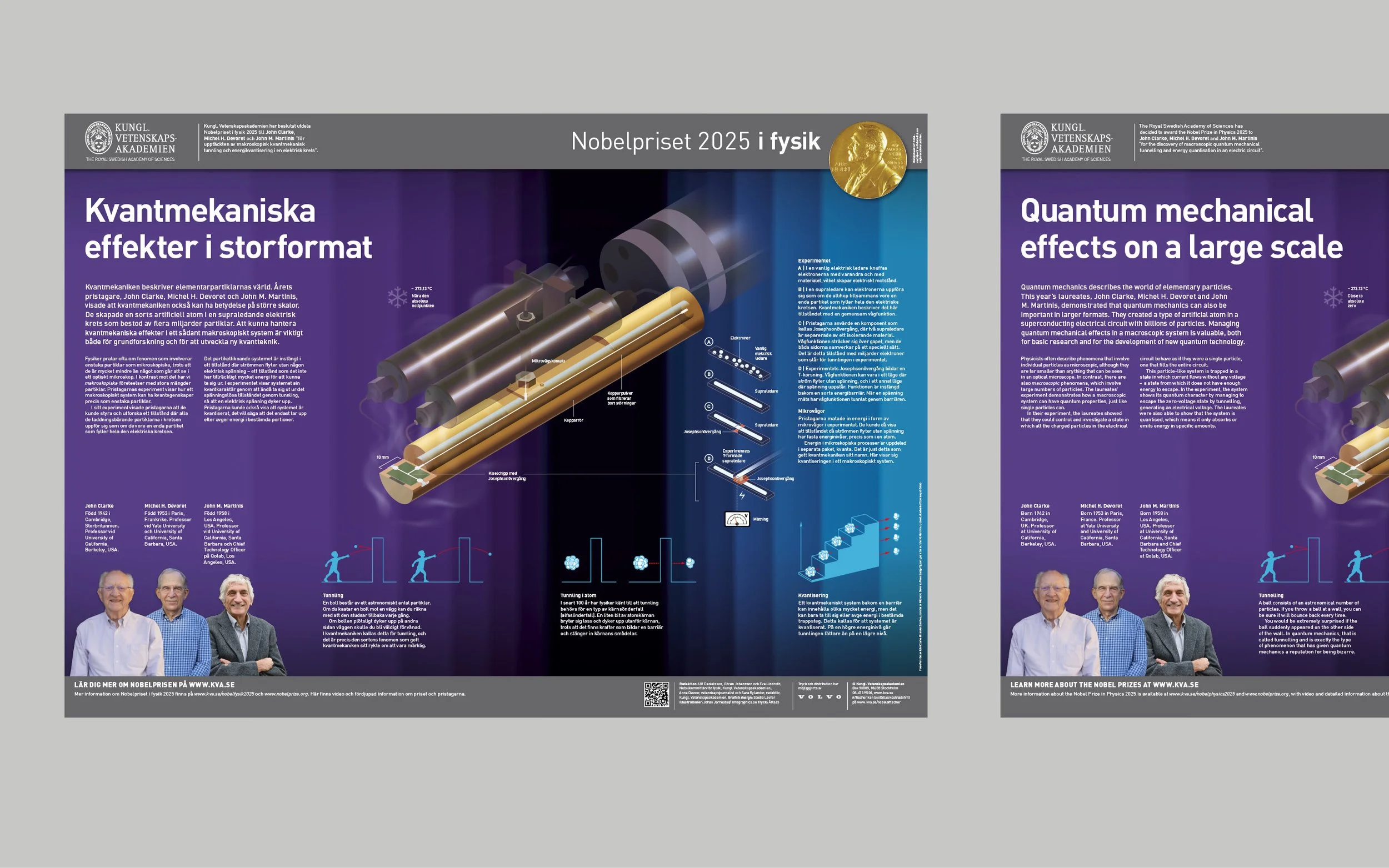 This image compares quantum mechanical effects on a large scale between two posters, one in Swedish and one in English. Each poster features a scientific illustration of a quantum circuit with labeled components, a photo of three scientists, and explanatory texts.