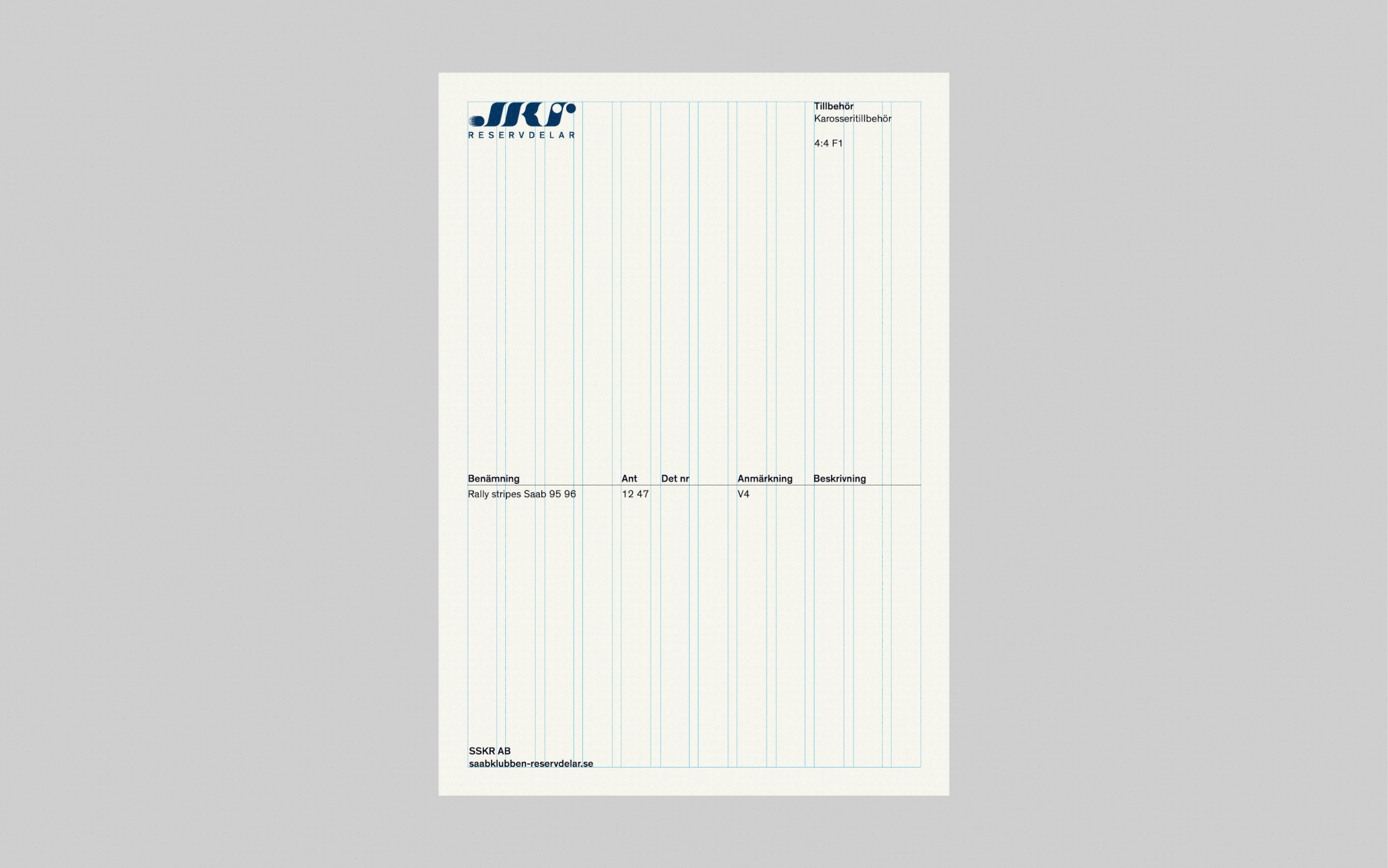 A receipt with blue and black text, showing the Saab logo at the top, and details about a purchase of rally stripes for a Saab 95 96, including item number, quantity, and description.