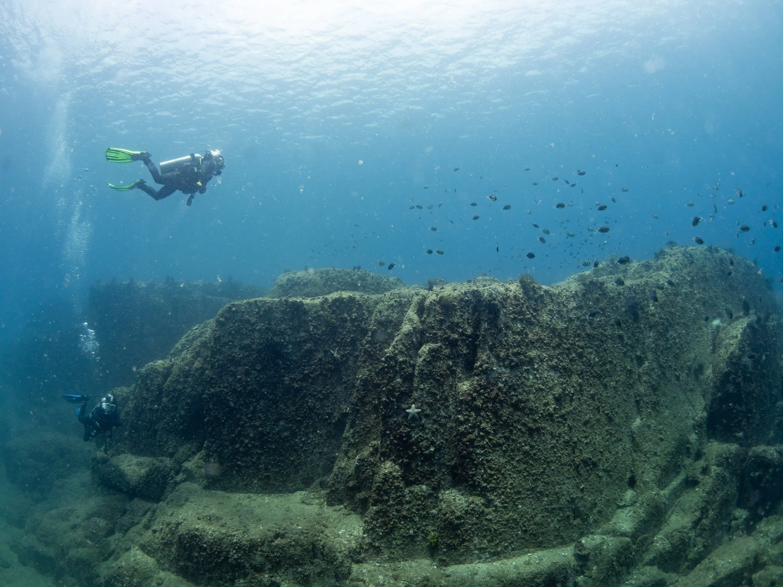 Two scuba divers exploring underwater near large rocks, surrounded by small fish.