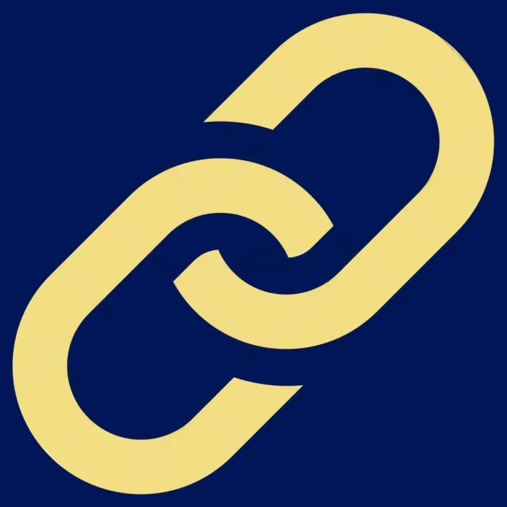Graphic of two interlinked chain links in yellow on a dark blue background.