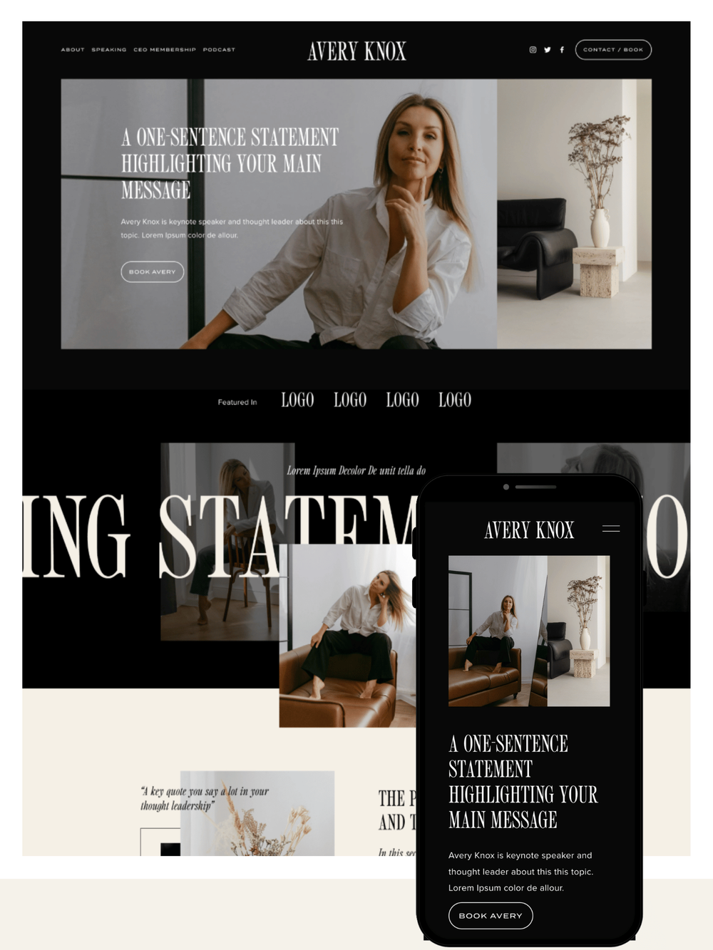 Website homepage for Avery Knox, featuring a black and white themed design, with images of a woman in a white shirt sitting on furniture, including a leather couch, and a minimalist interior with a plant in a white vase, showcasing responsive design on desktop and mobile screens.