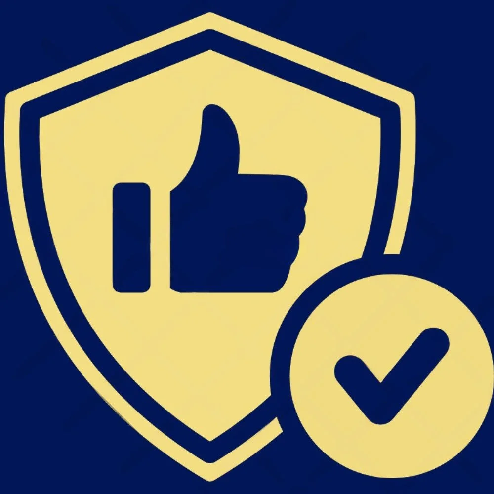 Yellow shield with a thumbs up icon and a checkmark, symbolizing approval or security.