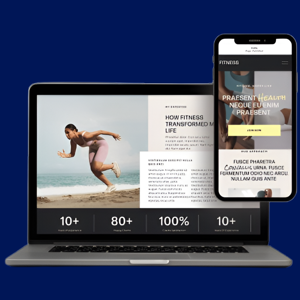 A laptop and a smartphone with an online fitness webpage displayed. The laptop shows an image of a woman in athletic wear running on the beach, with text and statistics below. The smartphone screen displays fitness-related content.