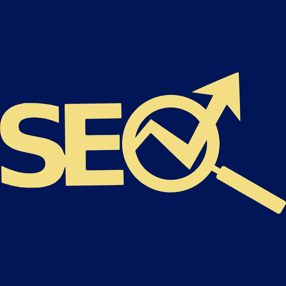 Graphic showing the word 'SEO' with a magnifying glass and upward arrow integrated into the design, symbolizing search engine optimization and growth.