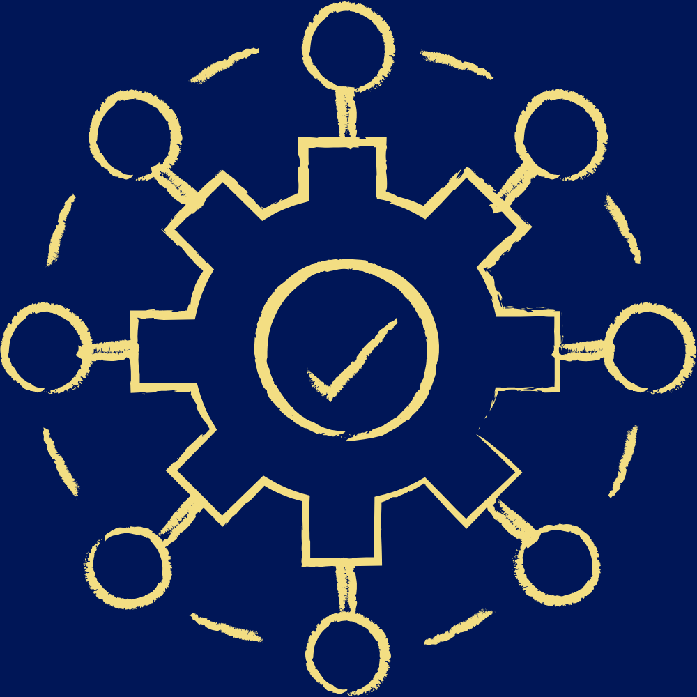 Illustration of a gear with interconnected circles around it, featuring a check mark in the center, symbolizing process, connectivity, or quality assurance.