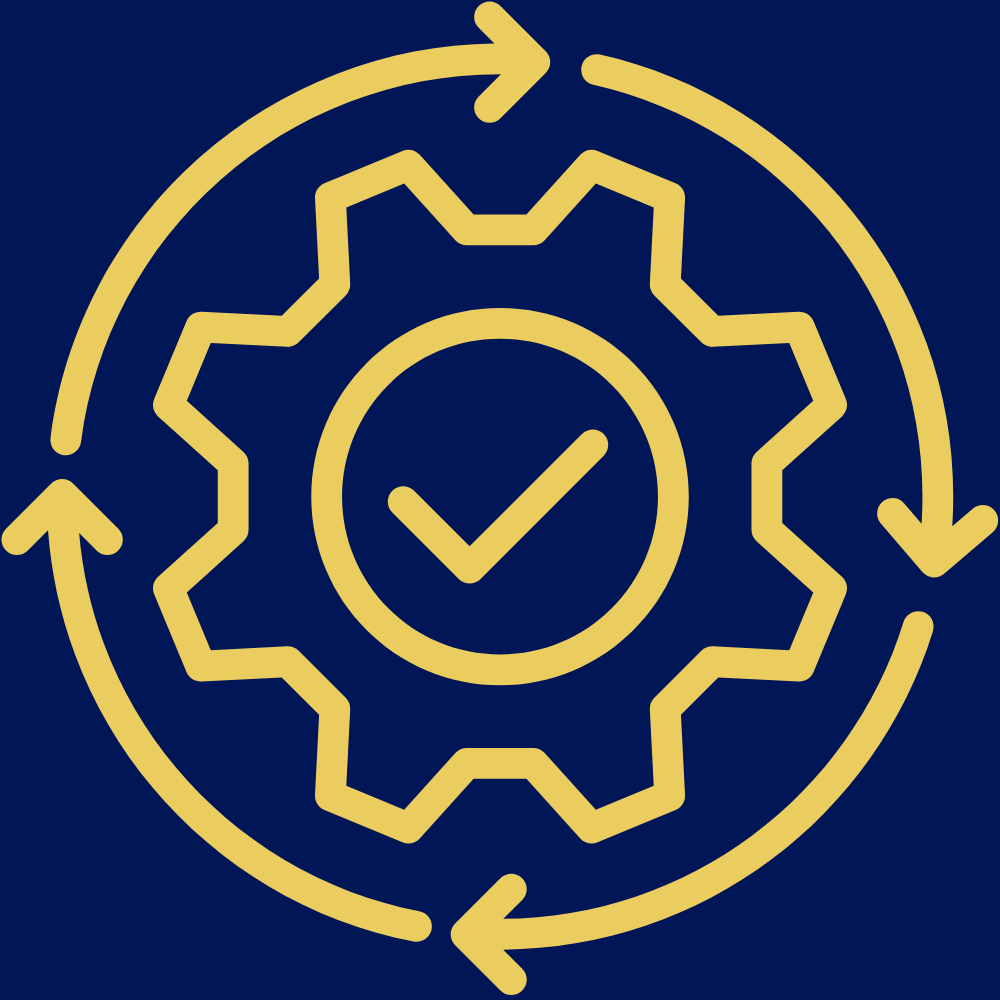 Icon of a gear with a check mark inside, surrounded by circular arrows indicating a cycle or process, on a dark blue background.