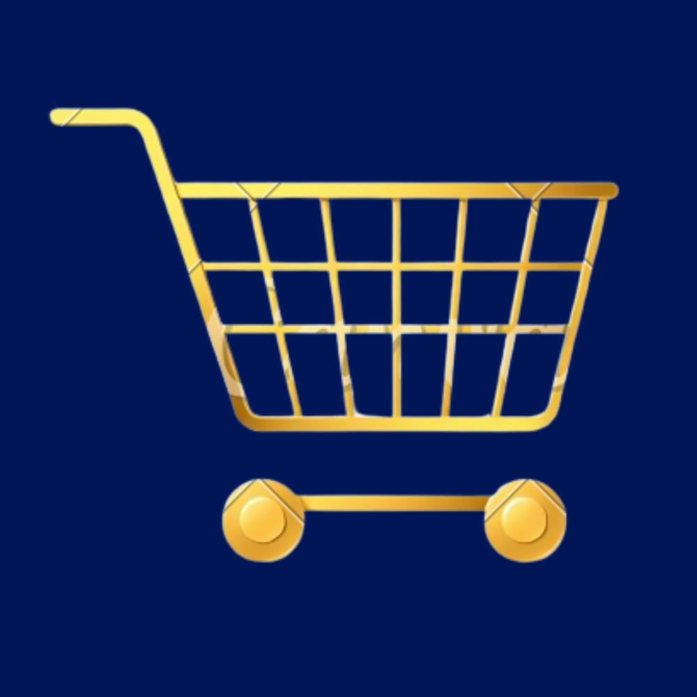 A graphic illustration of a gold shopping cart on a blue background.