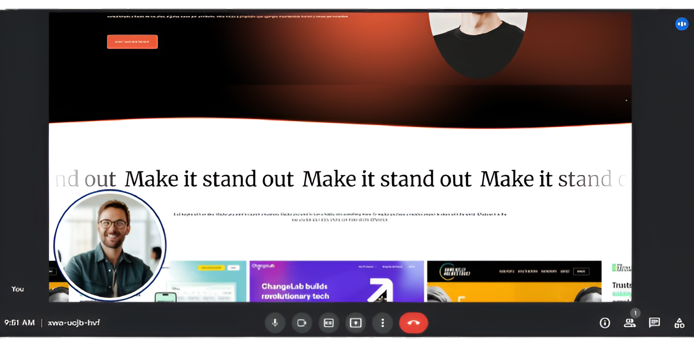 Screenshot of a video call showing a presentation slide with the text 'Make it stand out' repeated multiple times, a thumbnail of a smiling man with glasses in the lower left corner, and several website previews at the bottom. The video call interface includes icons for microphone, camera, and hang-up.