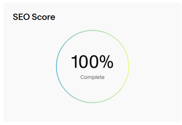 Diagram showing a complete SEO score of 100% with a circular gauge.