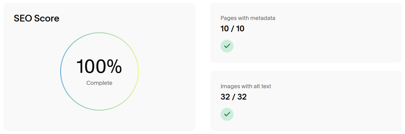 A digital dashboard displaying a 100% SEO score with a complete status, showing pages with metadata and images with alt text both at 10/10 and 32/32 respectively.
