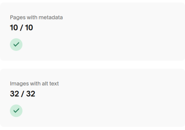 Screenshot of a digital interface showing two sections: 'Pages with metadata' with a checkmark and '10 / 10,' and 'Images with alt text' with a checkmark and '32 / 32'.