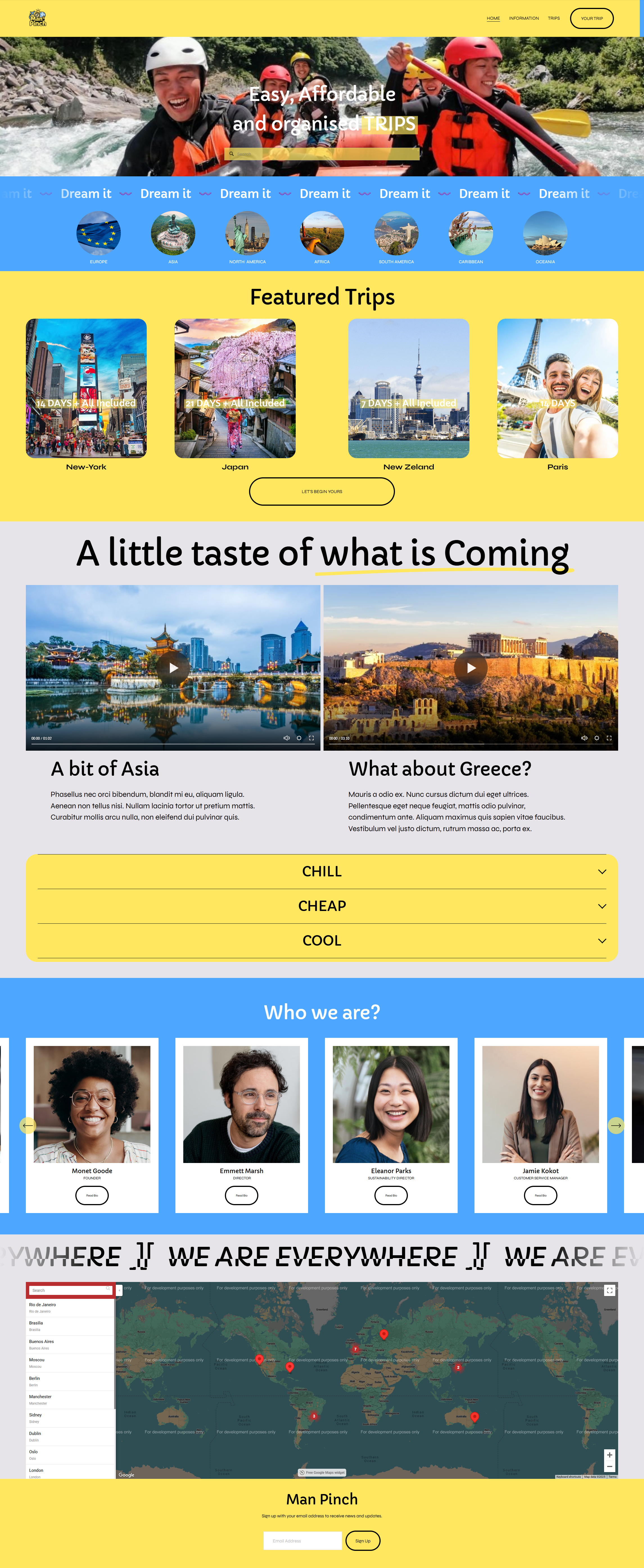 Screenshot of a travel website featuring a group of people enjoying rafting, with sections highlighting popular trips to various continents, a video about Asia and Greece, and profiles of different travelers, along with a world map and a sign-up form.