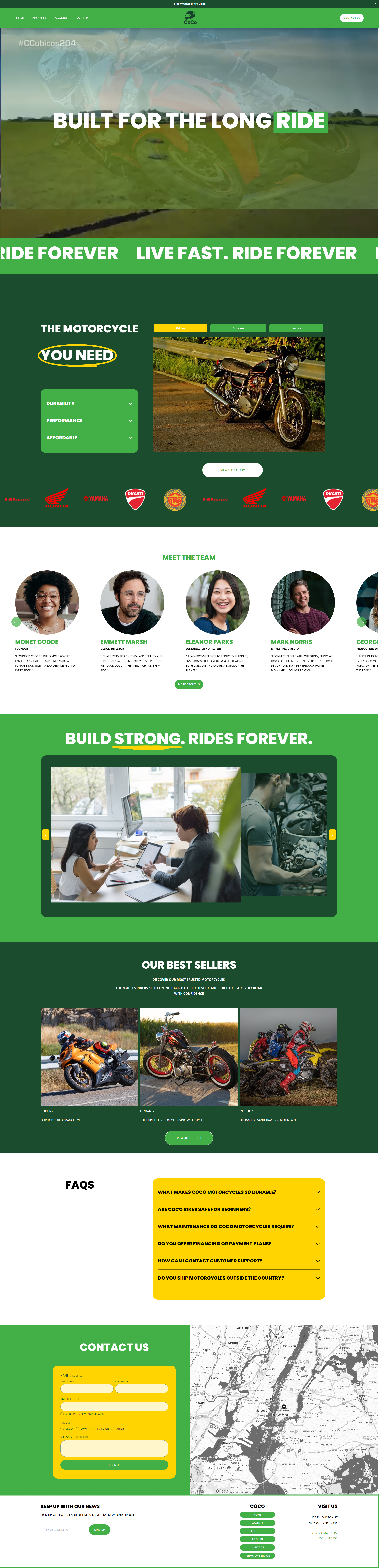 A motorcycle enthusiast website with a green theme, featuring sections about motorcycles, team members, popular models, FAQs, and contact information. Prominent text includes 'Built for the Long Ride,' 'Ride Forever,' and 'Live Fast. Ride Forever.'