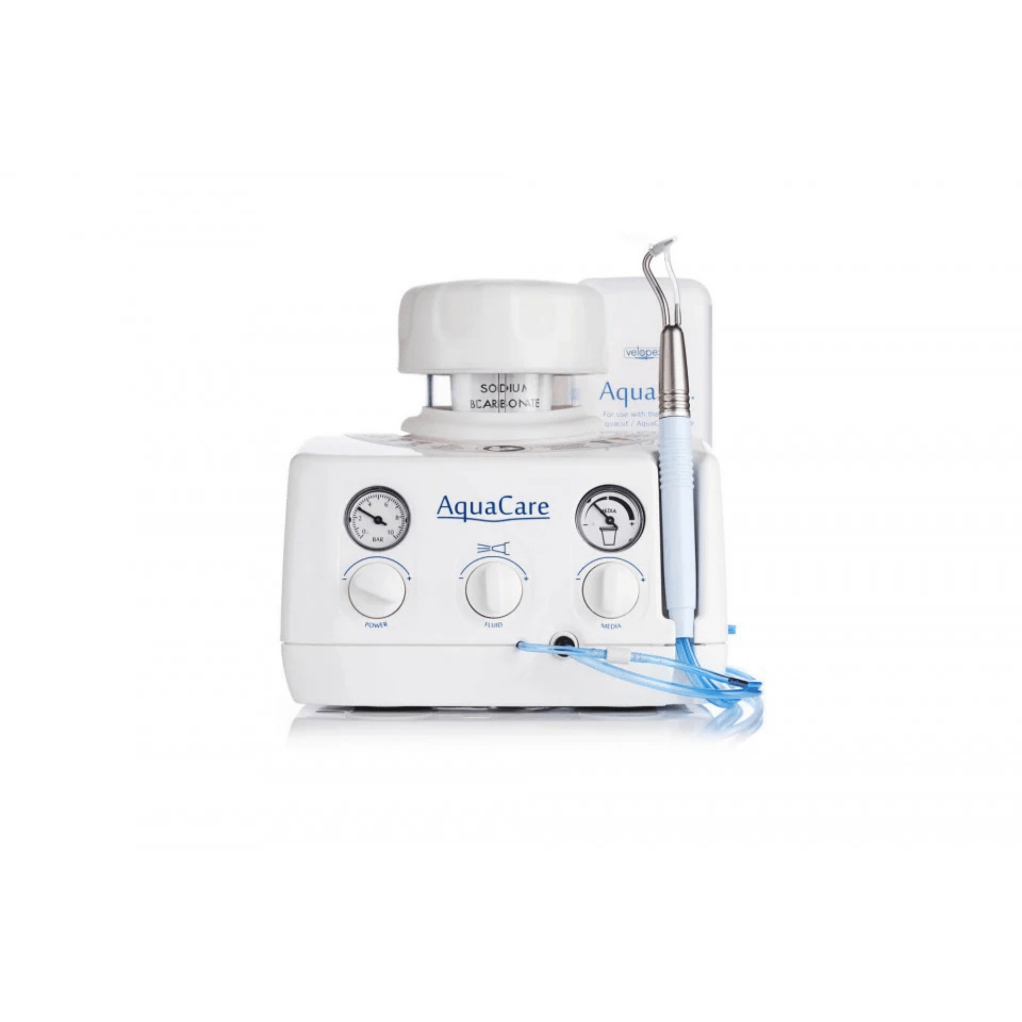 Medical device labeled AquaCare with dials, gauges, and tubing.