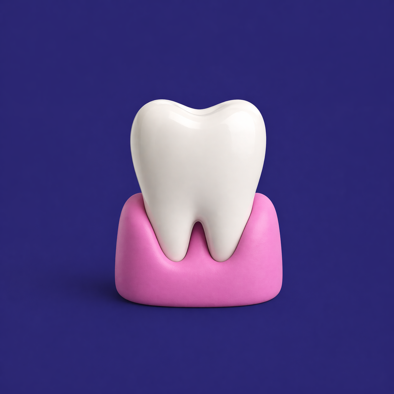 A model of a white human tooth on top of a pink base against a dark blue background.