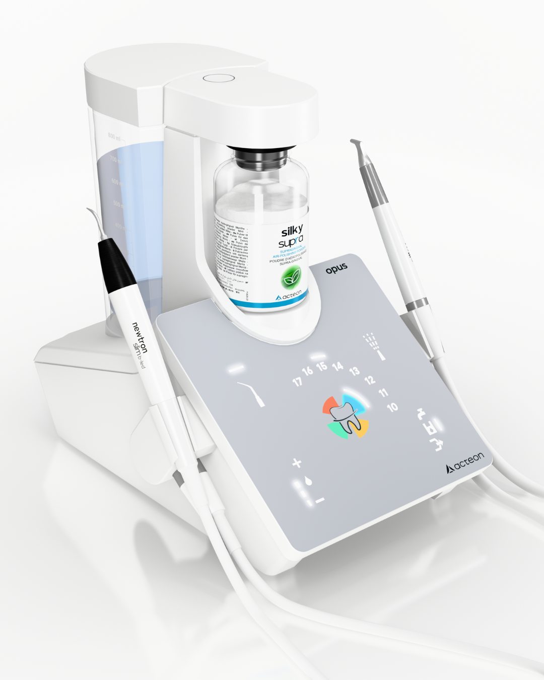 Opus Acteon - Dental air polishing device with a bottle of silky supra powder, two handpieces, and a digital control panel.