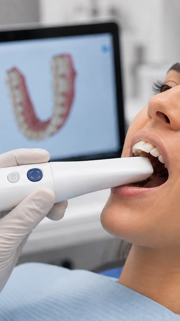Alliedstar Sensa - Close-up of a woman having her teeth scanned in a dentist's office, with a computer screen showing a close-up of teeth in the background.