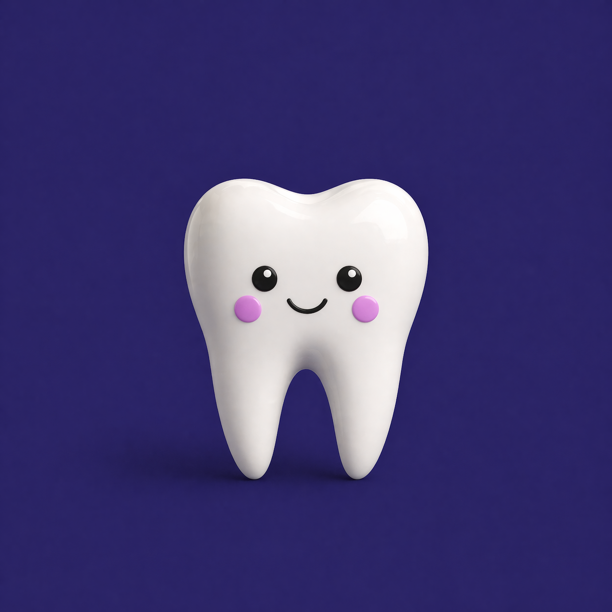 Cute cartoon tooth with a smiling face, black eyes, pink cheeks, on a dark purple background.