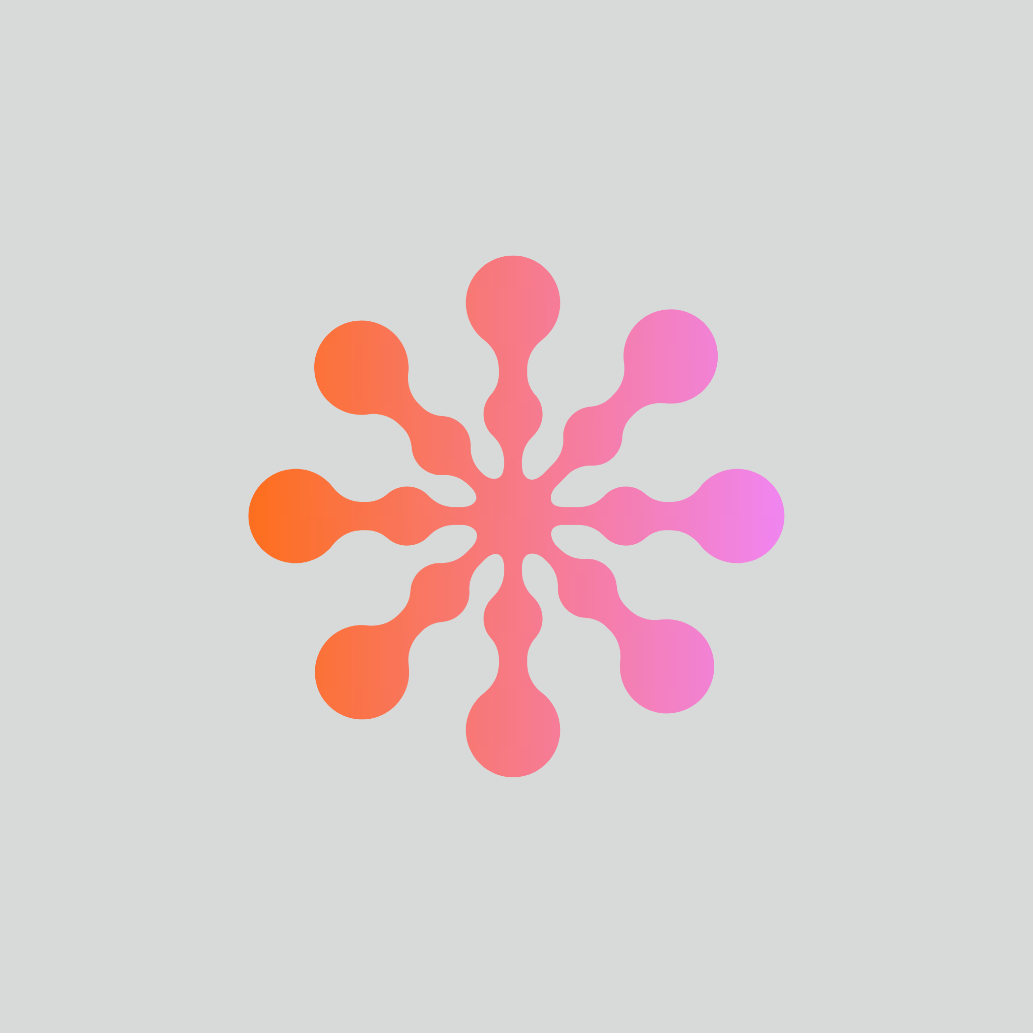 Abstract colorful shape resembling a splash or flower with orange, pink, and purple hues on a light gray background.