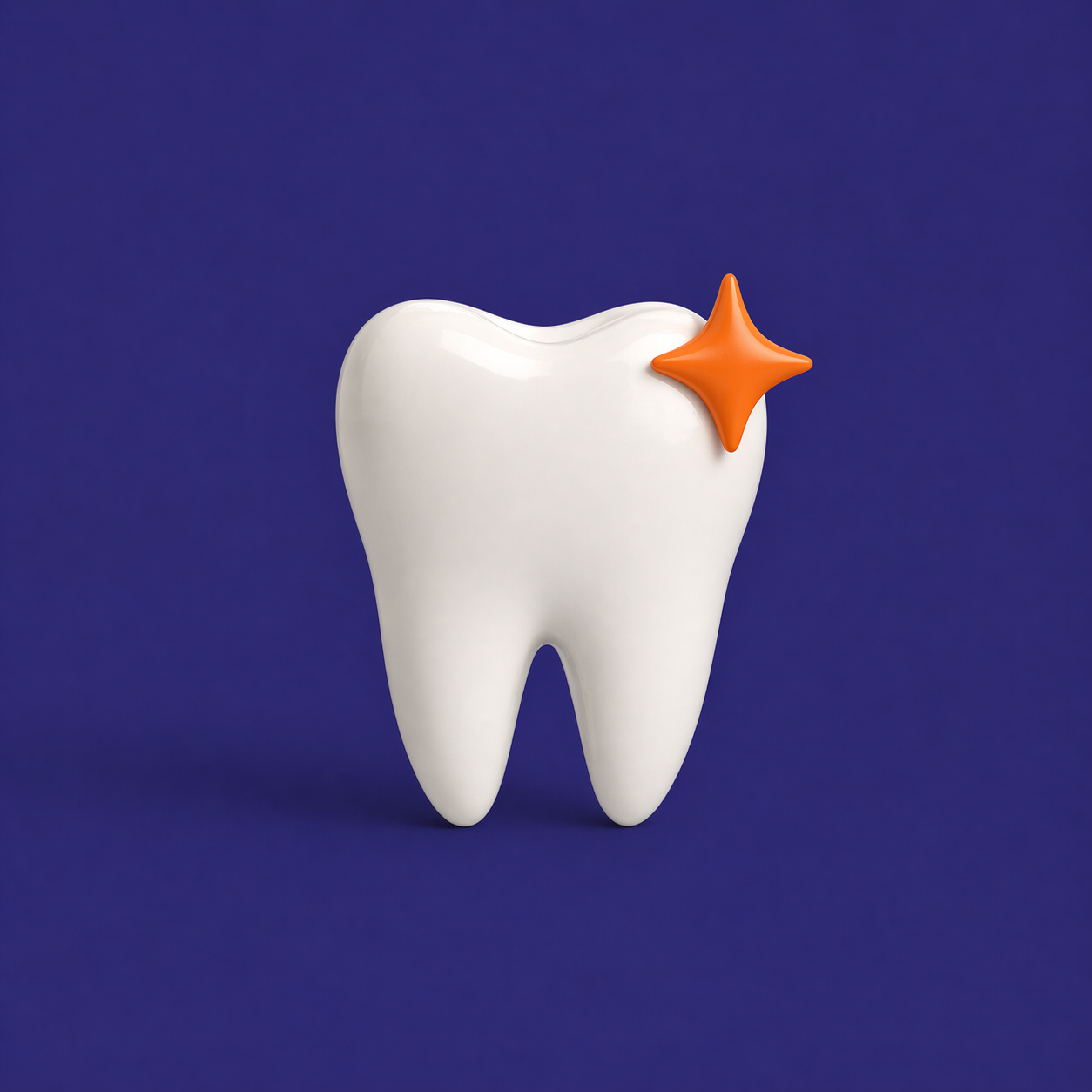 A 3D illustration of a large white tooth with a small orange star-shaped accent on the top right side, set against a solid blue background.