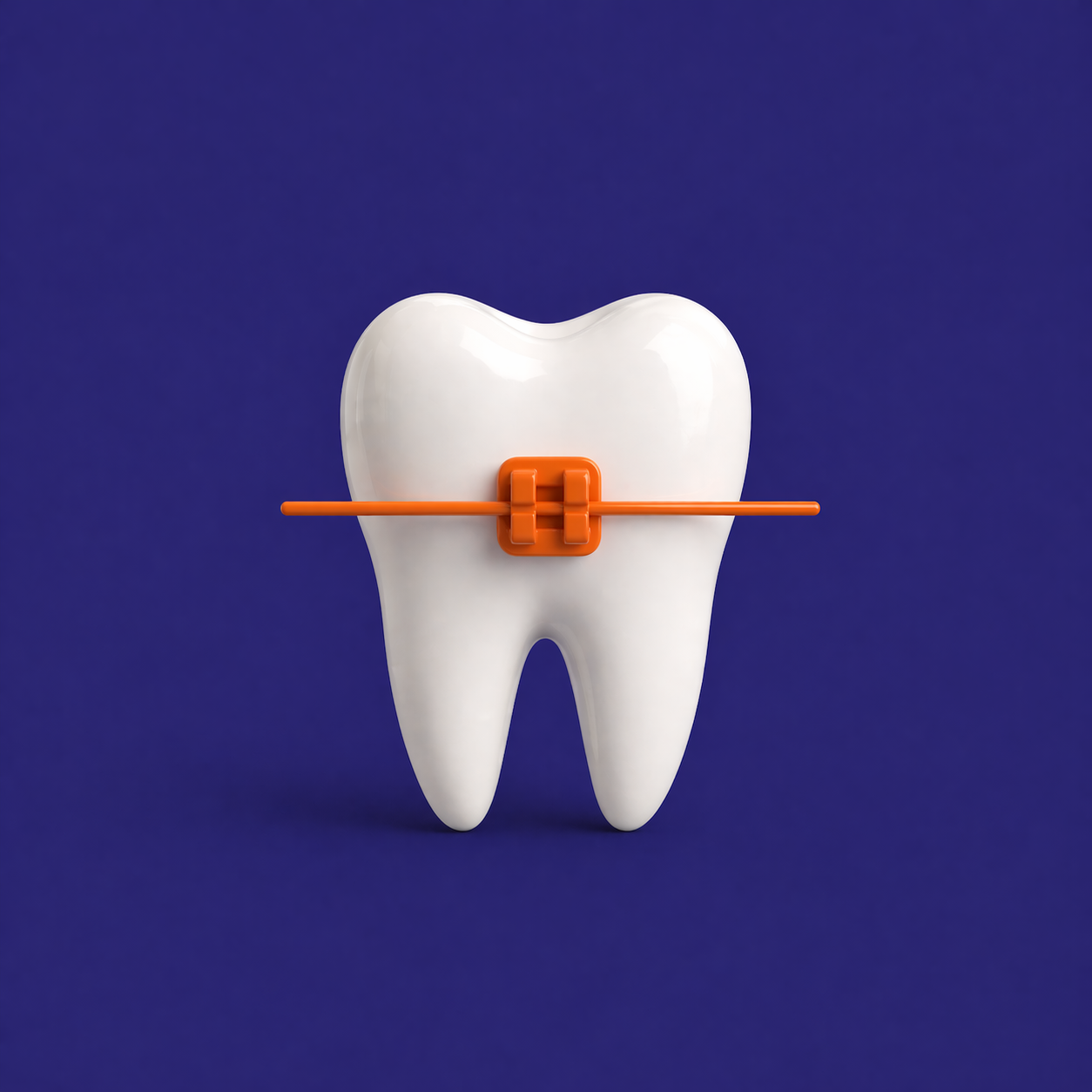 A large, white tooth model with an orange orthodontic bracket and an orange wire against a purple background.