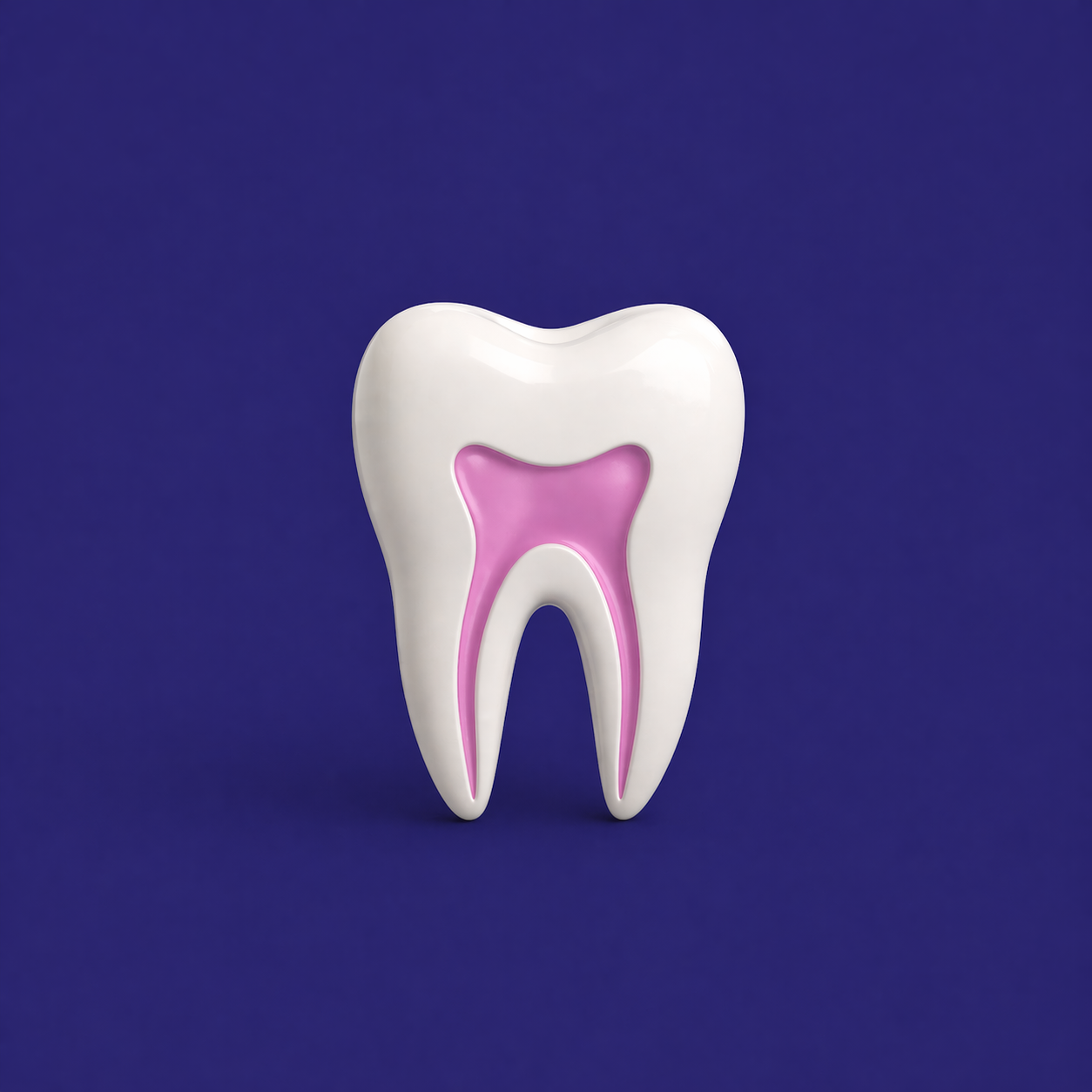 A 3D model of a human tooth with a cutaway showing the pink inner pulp chamber and root canal, set against a dark blue background.