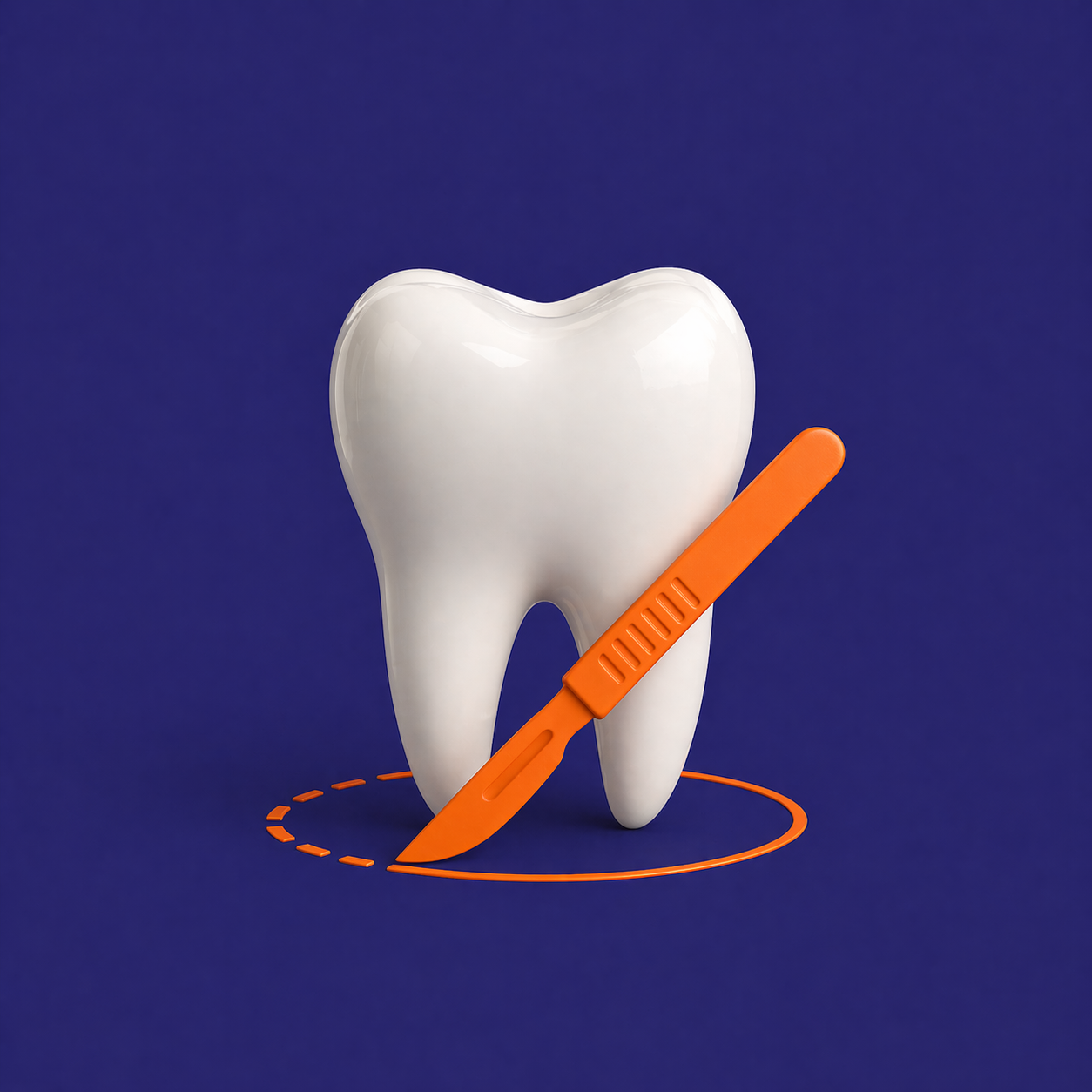 A large white tooth model with an orange toothbrush resting against it, on a blue background.