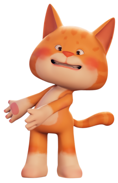 Animated cartoon orange kitten with a white belly, standing with arms crossed and a mischievous expression.