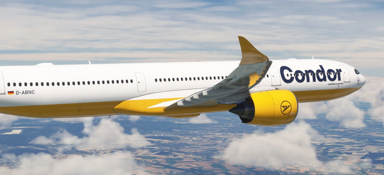 Condor Airlines airplane flying above clouds with blue sky.
