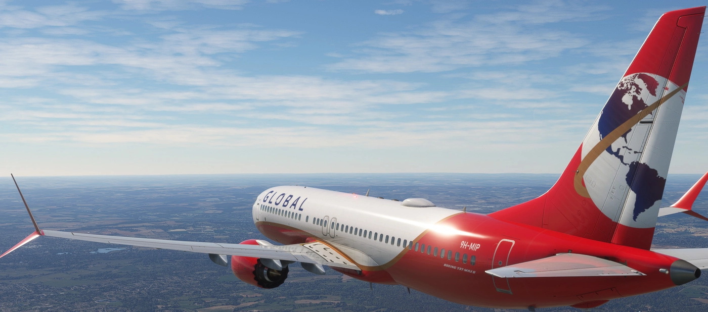 A commercial airplane flying high in the sky with a partly cloudy sky and land below.