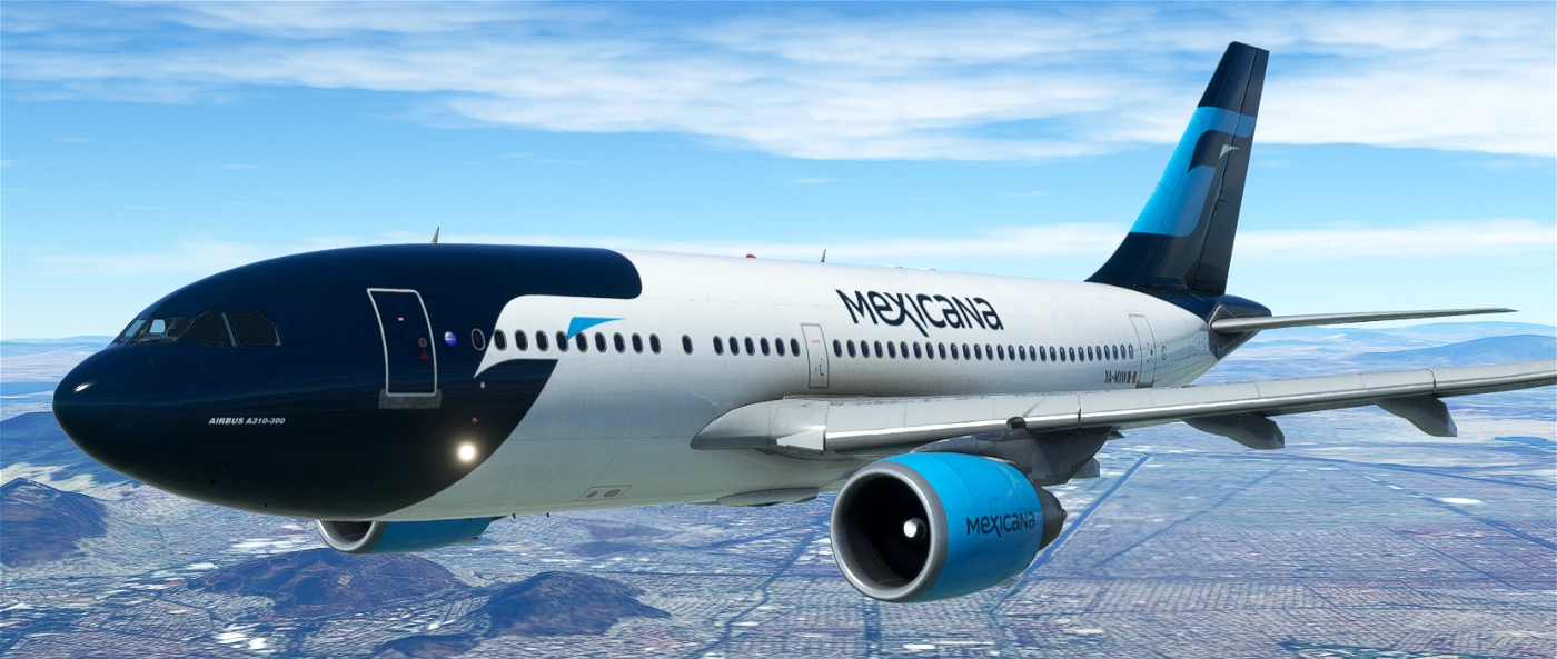 A Mexico City-based aircraft in flight over a landscape of mountains and cities, with the word 'MEXICANA' on its fuselage, part of the fleet of Aeromexico.